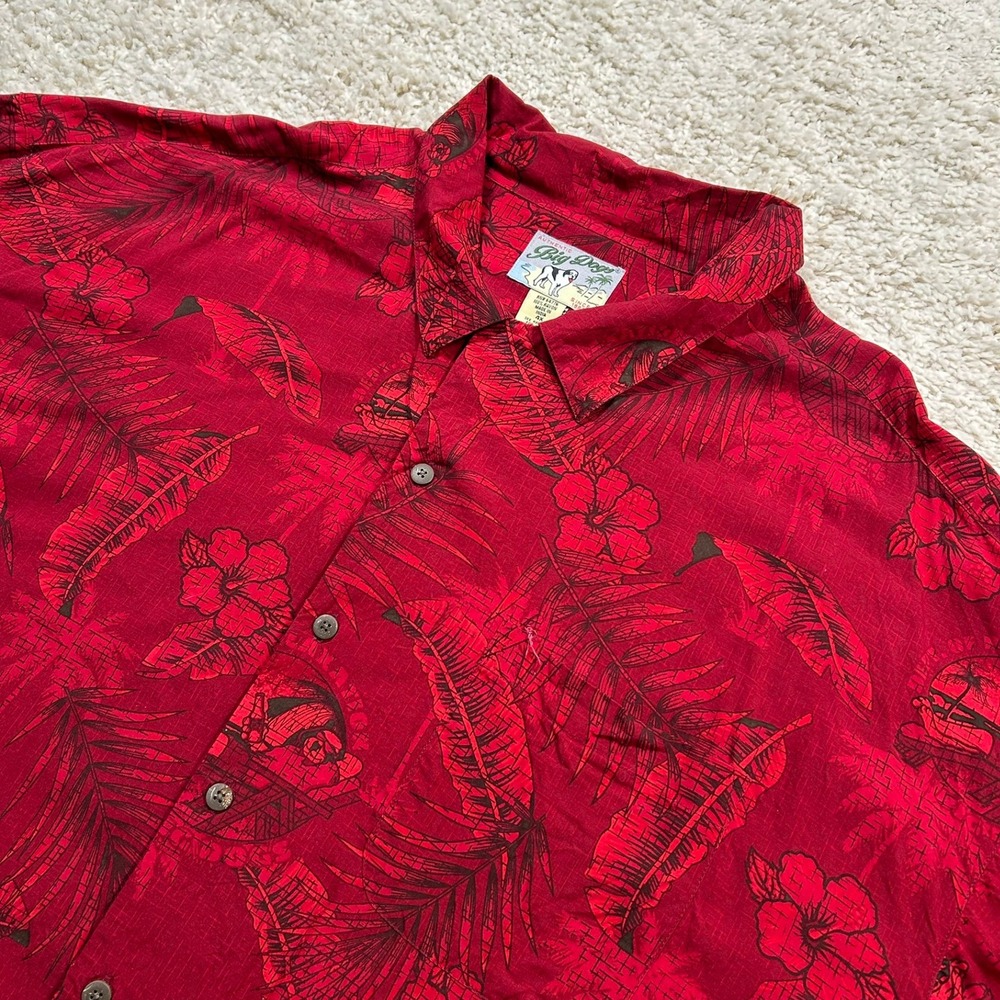 Big Dogs Hawaiian Button Up Shirt 4X Red Tropical Palm Rayon Short Sleeve Loop
